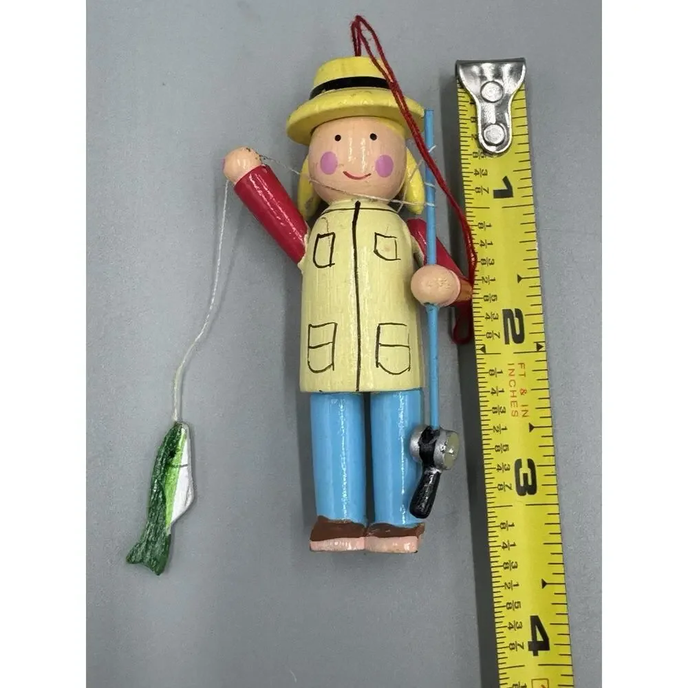 Christmas Ornament Wooden Fisherwoman Woman Fishing Holding Fish & Rod‎ 3”